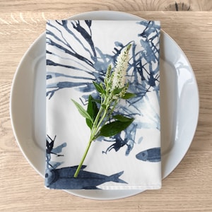 Blue Sea Life Napkins Set (4) Ocean Theme Table Linens Beach Cottage Fabric Serviettes Tropical Summer Entertaining Marine Lover Gift