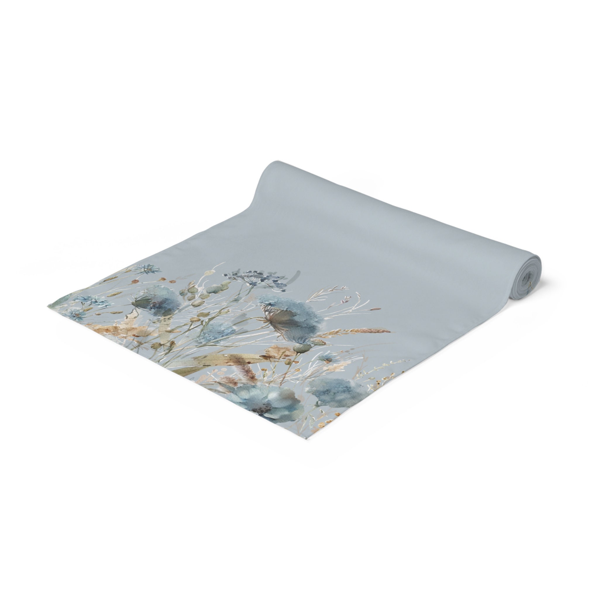 Blue Autumn Floral Border Table Runner, Boho Wildflower Fall Runner ...