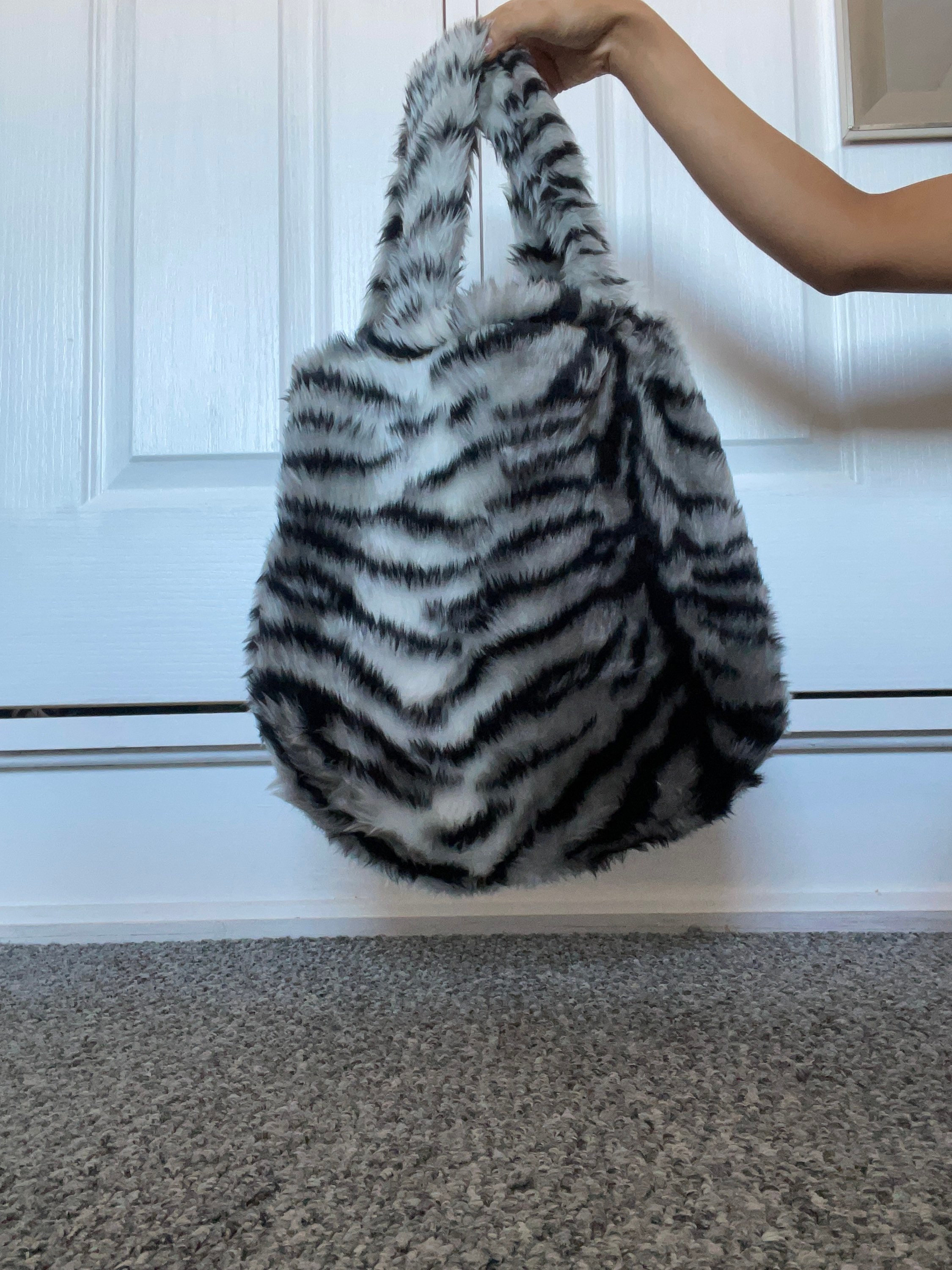 Grey Tiger Print Faux Fur Tote Bag Etsy