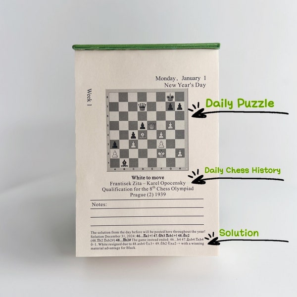 Calendario de ajedrez 2024 con acertijos diarios e historial de ajedrez - Diseñado por IM Silas Esben Lund
