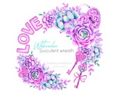 Watercolor succulent wreath clipart. Valentines day frame PNG. Digital download.