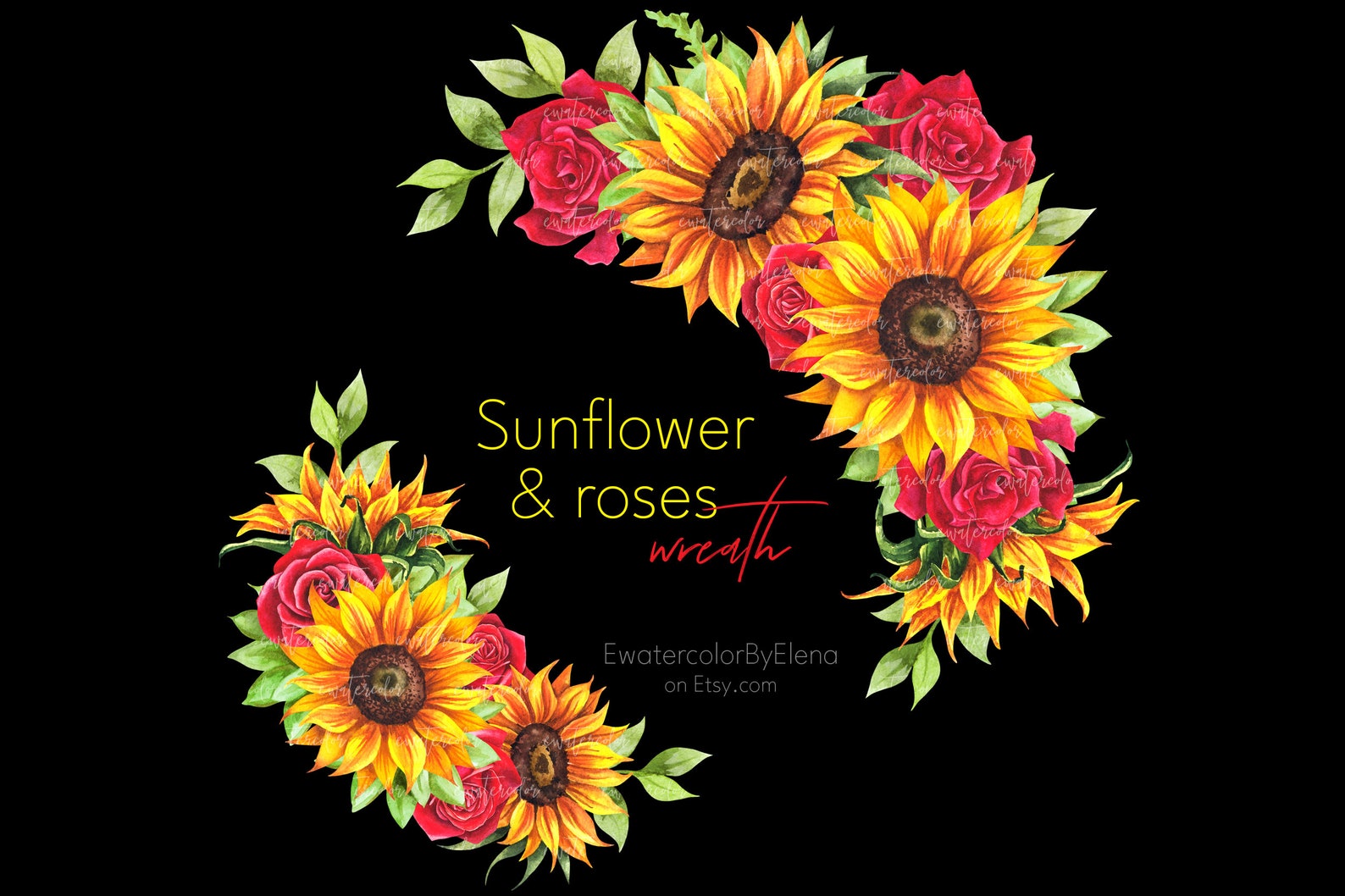 Watercolor Sunflower and Red Rose Frame Clipart. Floral Wreath Etsy