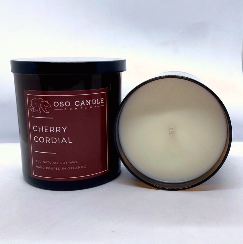 Handmade Soy Wax Candle 8.5 oz Amber Glass Cherry Cordial