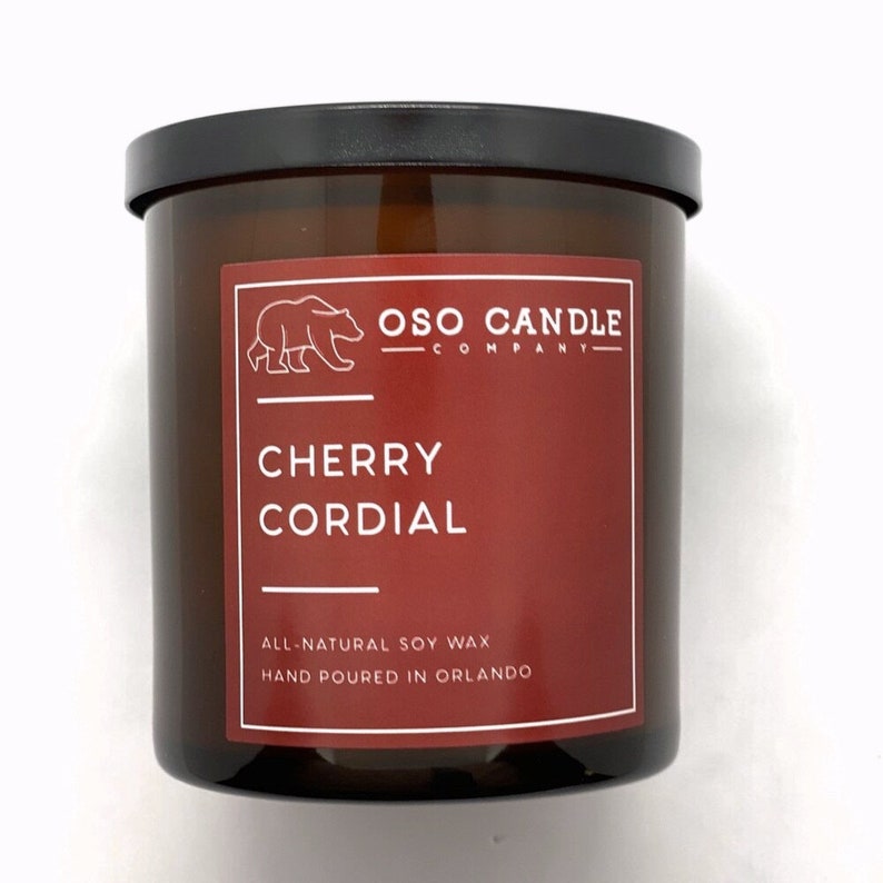 Handmade Soy Wax Candle 8.5 oz Amber Glass Cherry Cordial