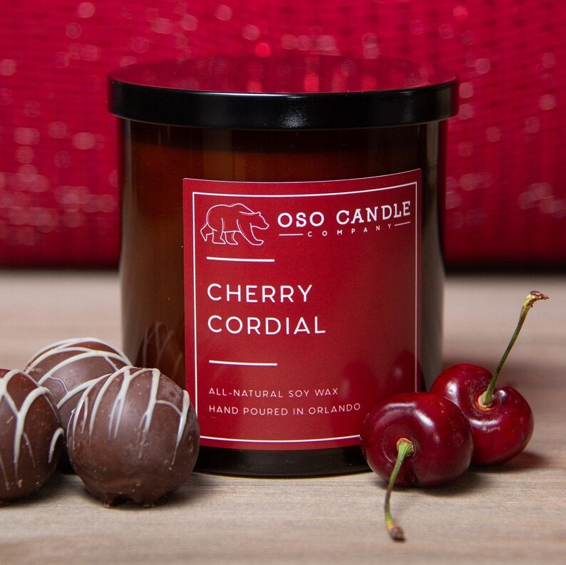 Handmade Soy Wax Candle 8.5 oz Amber Glass Cherry Cordial
