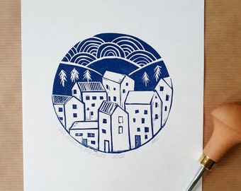 Original linoprint - 'Wee town in the hills'