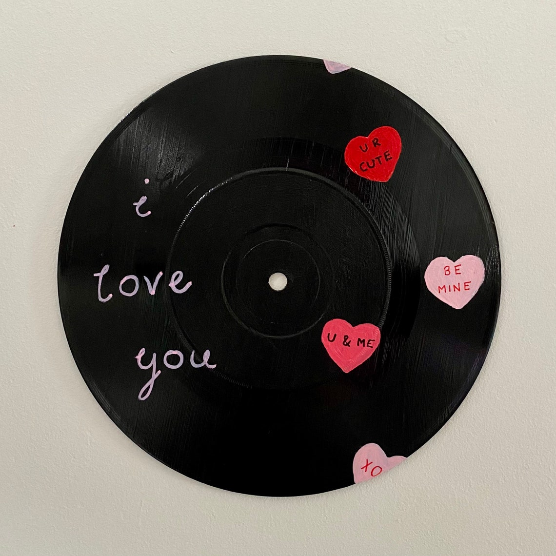 Hand painted 7 vinyl record I love you with love hearts Etsy