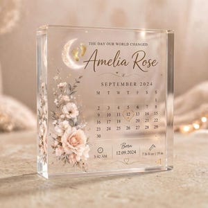 Può includere: Un blocco di acrilico trasparente con il testo "The Day Our World Changed" e "Amelia Rose". Presenta un calendario per settembre 2024, decorazioni floreali e impronte di bambino. Il blocco include data, ora e peso di nascita: 3,4 kg e 48 cm.