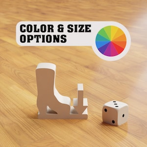 May include: A white boot icon with a downward arrow icon next to it. The text "COLOR & SIZE OPTIONS" is above the icons. A white six-sided die with black dots is to the right of the icons.