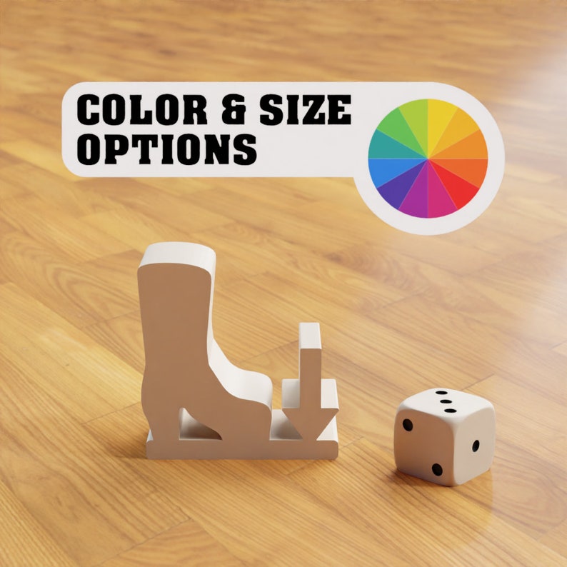 May include: A white boot icon with a downward arrow icon next to it. The text "COLOR & SIZE OPTIONS" is above the icons. A white six-sided die with black dots is to the right of the icons.