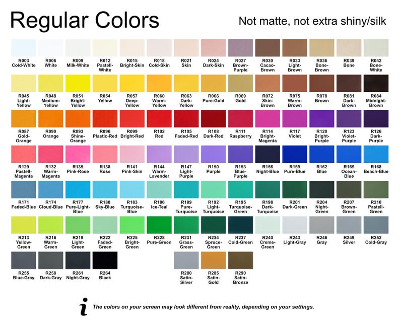 May include: A colour chart labelled "Regular Colours" displaying a spectrum of shades, including yellows, blues, and greens. Each colour is identified by a name and code. A disclaimer states that screen displays may vary.