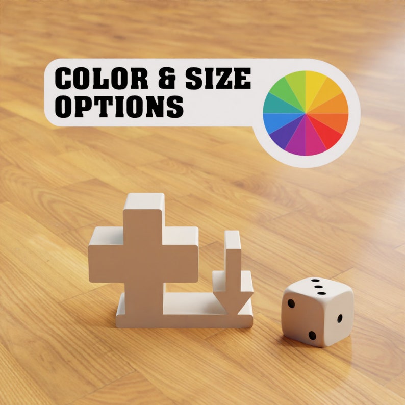May include: A wooden plus sign and arrow-shaped object with a die on a wood grain surface. The text "COLOR & SIZE OPTIONS" is displayed above a colour wheel.