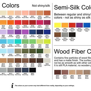 May include: A colour chart showcasing matte, semi-silk, and wood fibre colours. The chart includes colour names and codes, with a note that colours may vary on different screens.