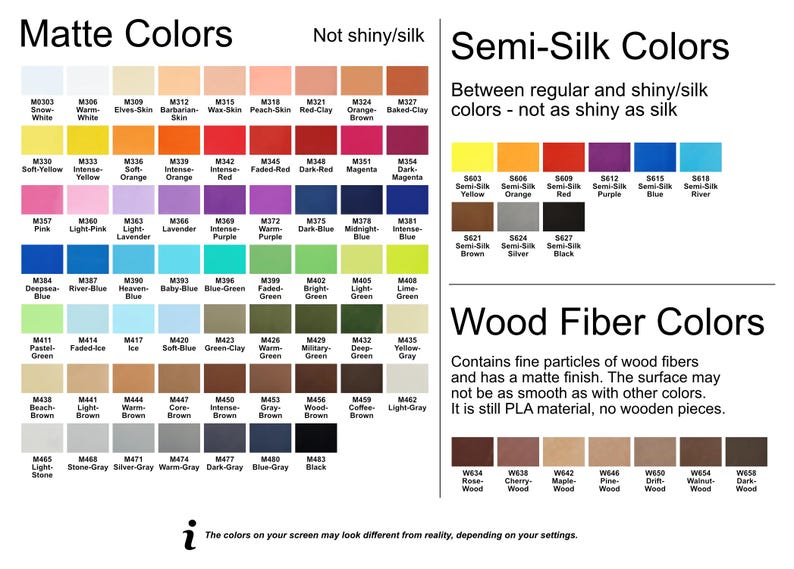 May include: A colour chart showcasing matte, semi-silk, and wood fibre colours. The chart includes colour names and codes, with a note that colours may vary on different screens.