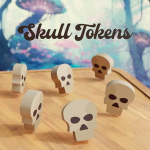 May include: Beige skull-shaped tokens with black eye and nose details are scattered on a wooden surface. The text "Skull Tokens" is displayed in a brown, stylized font above the tokens. The background features a blurred, fantasy-themed landscape.