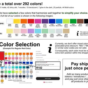 May include: A colour selection guide displaying over 292 colours, including regular and pastel shades. The guide highlights a red colour labelled "R102" and provides instructions for ordering.