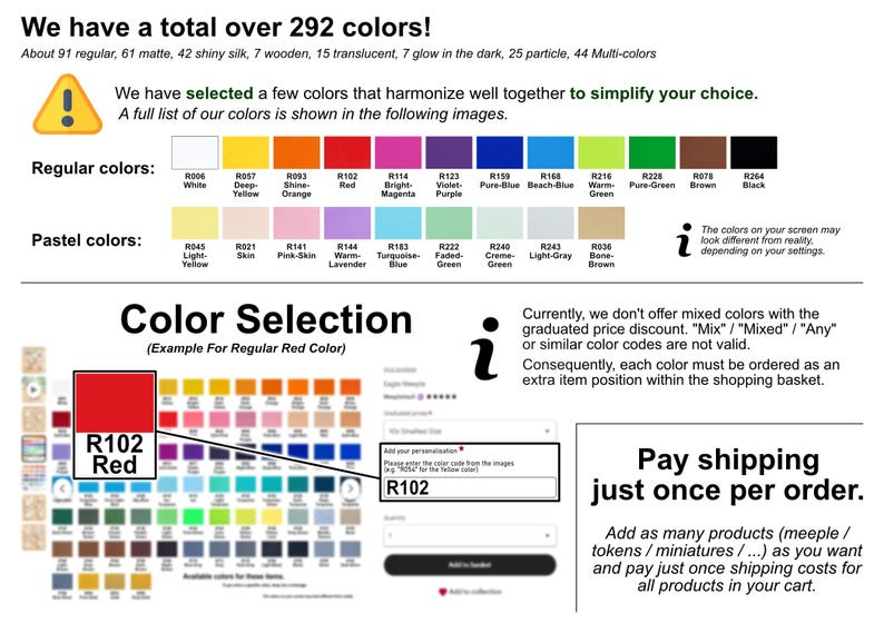May include: A colour selection guide displaying over 292 colours, including regular and pastel shades. The guide highlights a red colour labelled "R102" and provides instructions for ordering.