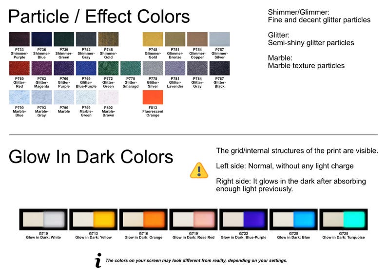 May include: Colour chart showing particle and glow-in-the-dark effects. Features swatches of shimmer, glitter, and marble textures, plus glow-in-the-dark colour samples. Text explains the effects and how they appear.