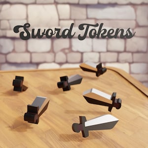 May include: Six black and silver sword tokens on a wooden surface. The tokens are in various positions, some are upright and some are lying flat. The background is a brick wall with the text "Sword Tokens" in a stylized font.