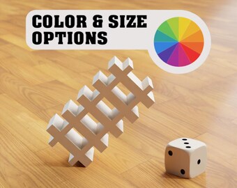 Puede incluir: Una forma geométrica de madera blanca con una rueda de colores que muestra una variedad de colores. El texto "COLOR & SIZE OPTIONS" está por encima de la rueda de colores. Un dado blanco con puntos negros está sobre una superficie de madera.