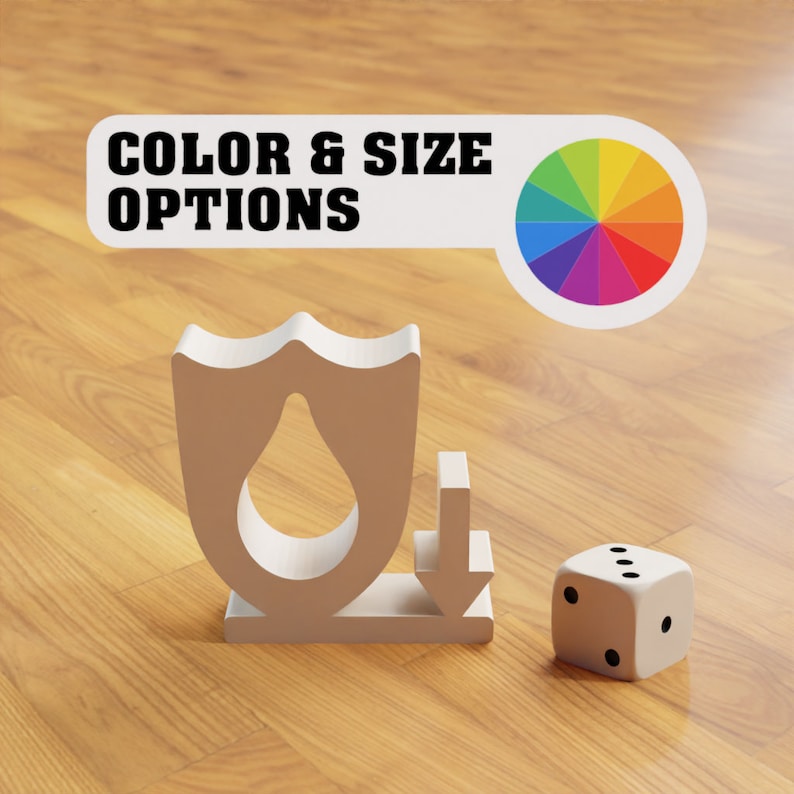 May include: A white shield-shaped object with a water drop cutout, a white arrow pointing down, and a white die with black dots on a wood surface. The text "COLOR & SIZE OPTIONS" is visible above the objects.
