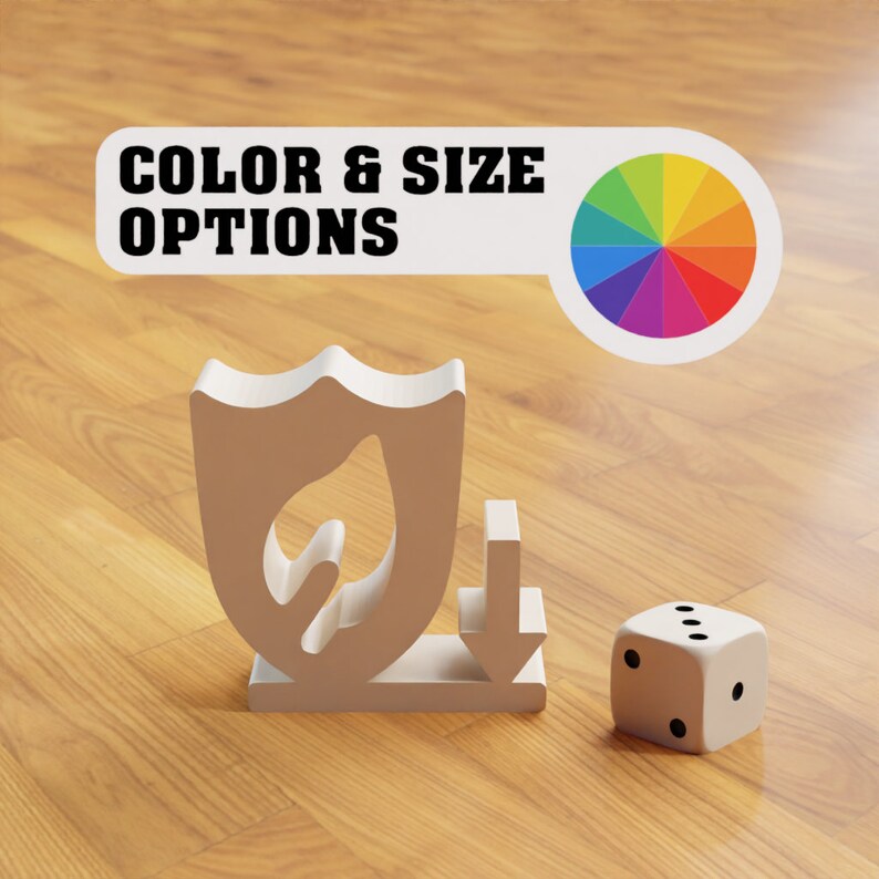 Puede incluir: Un escudo blanco con un dise&ntilde;o de hoja, una flecha blanca apuntando hacia abajo y un dado blanco con puntos negros. El texto "COLOR & SIZE OPTIONS" est&aacute; en una pancarta blanca con una rueda de colores arco&iacute;ris.