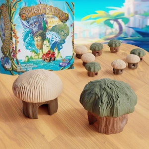 Puede incluir: Juego de mesa "Spirit Island" con una caja que muestra figuras de fantasía y un barco rojo. Piezas de juego en miniatura con forma de hongo en beige y verde están dispersas sobre una superficie de madera.