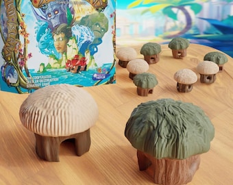 May include: A board game box titled "Spirit Island" with a fantasy theme, featuring illustrations of spirits and a red ship. Miniature mushroom-shaped game pieces in tan and green are scattered on a wooden surface.
