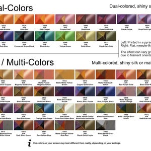 May include: A colour chart showing dual-colour and multi-colour silk swatches in various shades. The chart includes text labels such as "Dual-Colors" and "Tri-/ Multi-Colors", with additional notes on the printing style and colour variations.