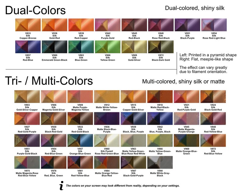 May include: A colour chart showing dual-colour and multi-colour silk swatches in various shades. The chart includes text labels such as "Dual-Colors" and "Tri-/ Multi-Colors", with additional notes on the printing style and colour variations.