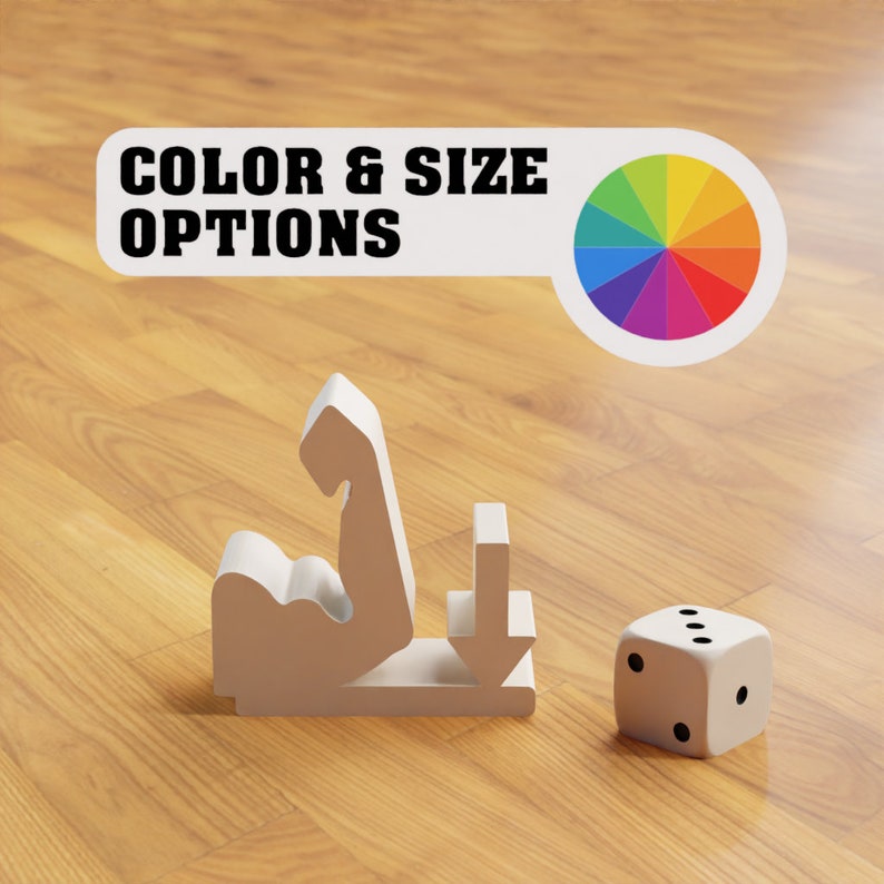 May include: White 3D printed model of a bicep flexing with an arrow pointing down. The model is on a wood surface with a white circle showing a color wheel and the text "COLOR & SIZE OPTIONS". A white die with black dots is on the right side of the image.
