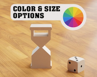 May include: A white hourglass-shaped object with a colour wheel and the text "COLOR & SIZE OPTIONS" above it. A white die with black dots is on the right side of the image.