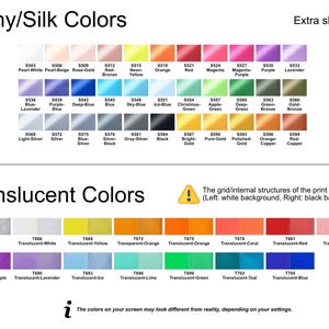 May include: A colour chart showing shiny/silk and translucent colours with codes. The top section displays shiny hues, from pearl white to red-copper. The bottom section showcases translucent colours, including transparent and various shades.
