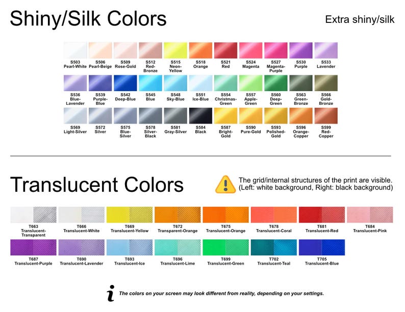 May include: A colour chart showing shiny/silk and translucent colours with codes. The top section displays shiny hues, from pearl white to red-copper. The bottom section showcases translucent colours, including transparent and various shades.