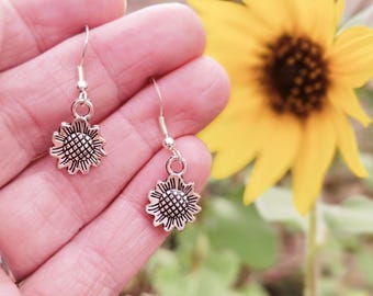 Sunflower Earrings, Sterling Silver Hooks