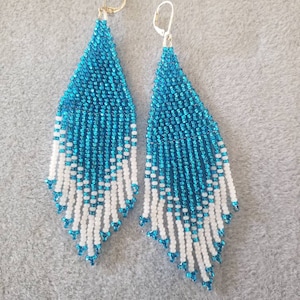 Blue and White Fringe Beaded Earrings