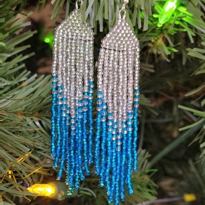 Silver and blue earrings. Christmas Earrings. Fringe Beaded Earrings. Ice Earrings. Frozen Earrings.