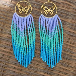 Purple, Green and Blue ombre Butterfly Fringe Beaded Earrings, Beaded Butterfly Earrings