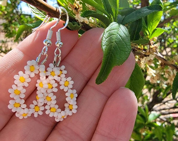 Handmade Czech Glass Beaded Daisy Earrings, Sterling Silver Hooks