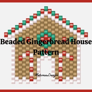 May include: Beaded gingerbread house pattern with brown, white, red, and green beads. The pattern is for a small gingerbread house with a white roof and red and green candy decorations.