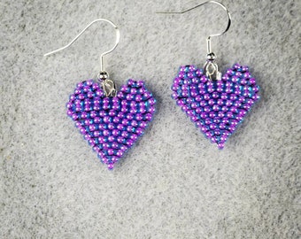 Beaded Heart Earrings, Purple Beaded Earrings, Purple Heart