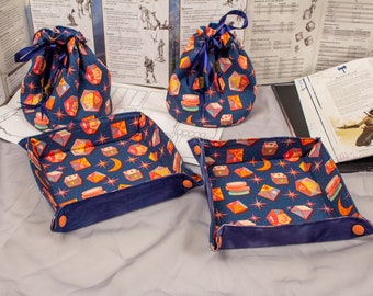 Dice Rolling Tray and Bag Set, Blue and Orange Printed Pattern, Premium Handmade Snap Tray and Synch Bag for Travel, Gift for Dungeon Master