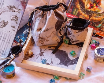 Dark Academia Dice Tray and Matching Bags (4 PIECE SET) || Reversible, Handmade