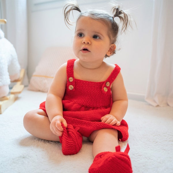 Robe à bretelles rouge - 12/18 mois - tricoté main en France