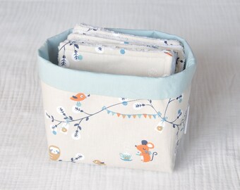 Storage basket - washable wipes - cotton makeup remover / baby - animals forest fox beige blue - gift birth - net pouch