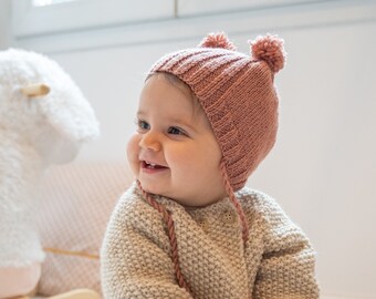 Bonnet pompons à nouer - bébé 6-12 mois - tricoté main en France