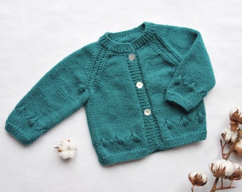 Duck blue open-air jacket - from 1 month to 2 years - hand-knitted in France - birth gift - baby child clothing