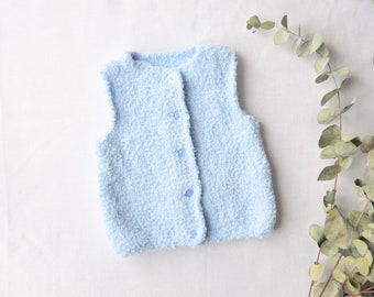 Sky blue sleeveless vest - from 0 to 1 year/12 months - hand knitted in France - birth gift - baby garment