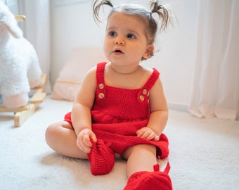 Red strap dress - 12/18 months - hand knitted in France