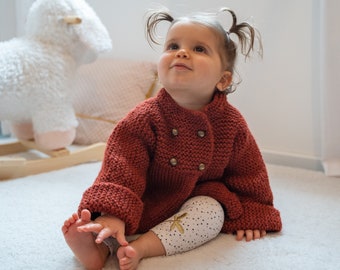 Dark rust coat for baby 12 months/1 year - hand-knitted in France